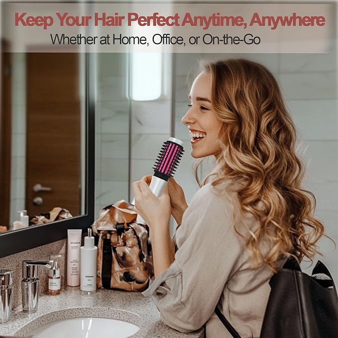 Youbella Cordless Hair Curling Iron Brush, Mini Travel Hot Straightener Comb, 3-in-1 Portable Wave Curling Wand, 1.5″ Ionic Heated Brush, USB Rechargeable Hair Curler, White – No Automatic Rotation