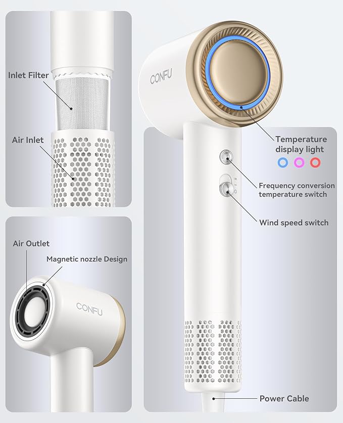 CONFU Professional Hair Dryer with Diffuser - 110,000 RPM High-Speed Ionic Blow Dryer for Fast Drying & Frizz Control - Lightweight for Home, Travel, Curly Hair
