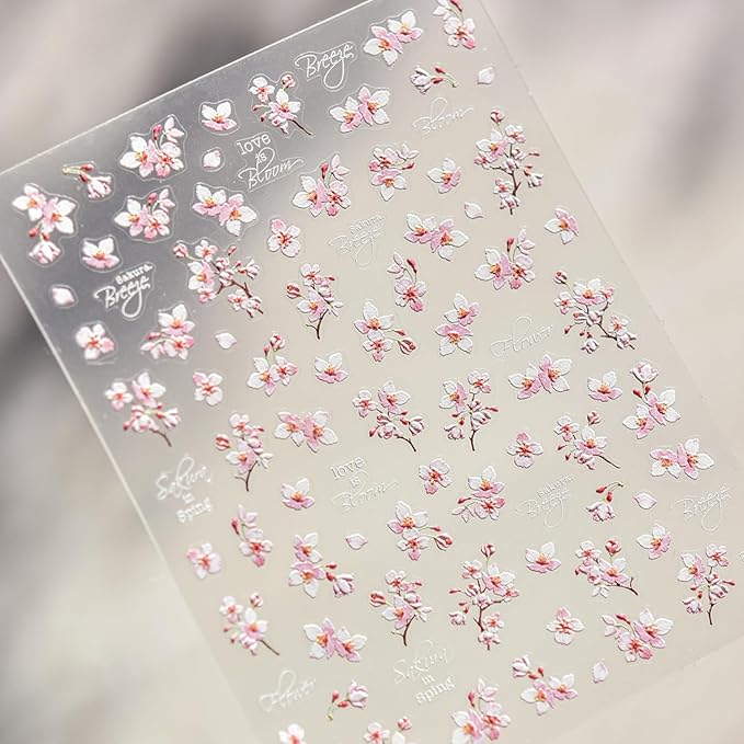 Flower Nail Stickers for Nail Art 5D Self Adhesive Nail Decals Spring Summer Nail Art Stickers White Pink Floral Nail Supplies Manicure Decoration for Women Girls