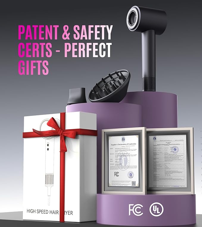 16W RPM High-Speed Hair Dryer for Fast Drying, Quiet lonic Blow Dryer with Frizz Control & No Heat Damage, Lightweight Travel Hair Dryer with Magnetic Nozzles for Curly & Straight Hair (Gray)