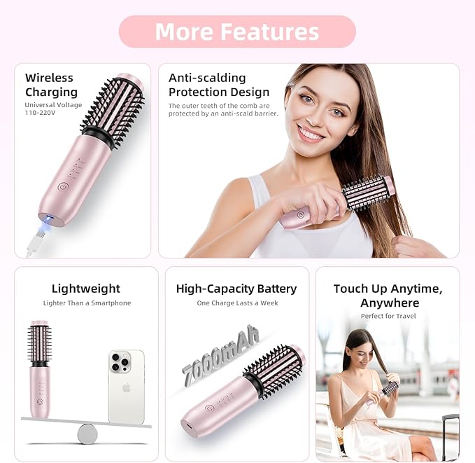 CARESKY® Cordless Curling Iron Brush, 1.5 Inch Mini Travel Hair Curler with 200 Million Negative Ions, Portable Heated Round Straightener Brush Rechargeable for Curl, Touch-Up, De-Frizz, Styling