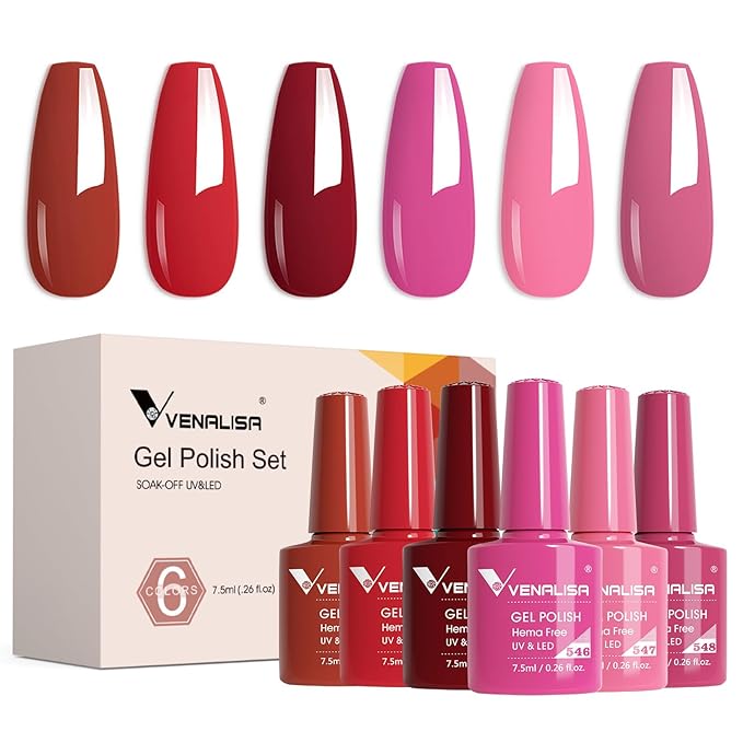 VENALISA Red Gel Nail Polish Set 6 Colors Pink Dark Red Burgundy Red Gel Polish Kit Soak Off UV Gel Salon Nail Art DIY at Home Manicure
