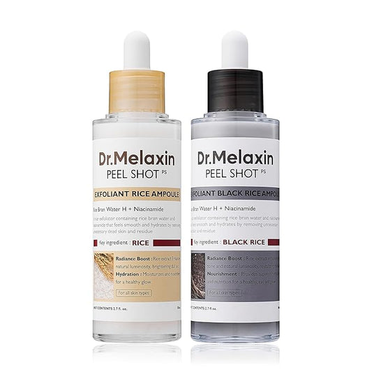 Dr.Melaxin Peel Shot Glow White and Black Rice Ampoule Duo, Soft Exfoliating Face and Body Scrub Dead Skin Cells, Blackheads Remover for All Skin Types