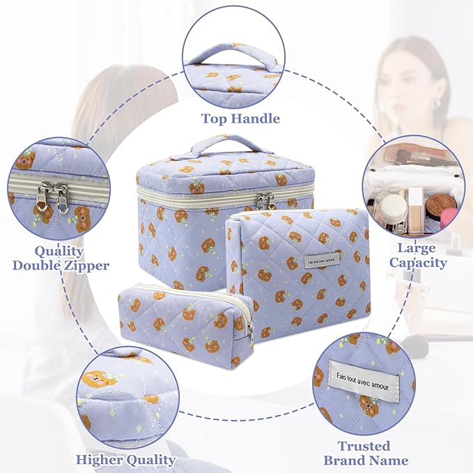 Quilted Makeup Bag Set, 3pc Large Floral Cosmetic Bag for Women, Cute Cotton Makeup Bags, Flower Travel Toiletry Organizer Bag (Blue Small Sheep)