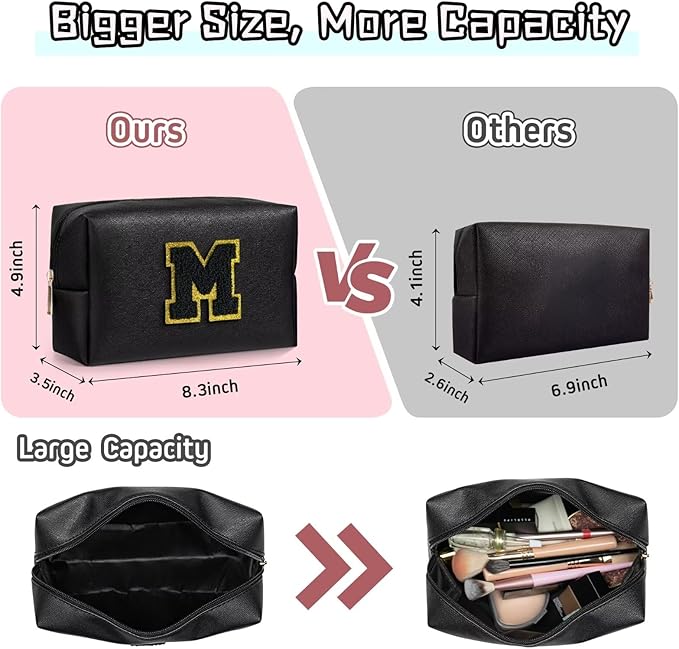 TOPEAST Preppy Small Makeup Bag, Chenille Letter Pouch Cosmetic Bag With Zipper, PU Leather Waterproof Toiletry Bag, Personalized Birthday Gift for Women, Cute Stuff for Girls (Black D)