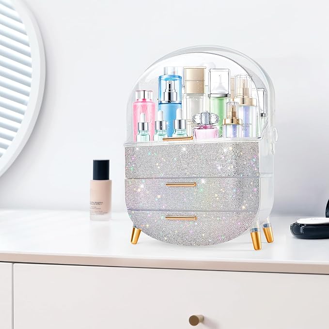 Teen Girls Gift Makeup Organizer, Skincare & Jewelry Storage, Cosmetics Display Case, Makeup Holder, Bathroom Organizer (Bling Rhinestone)