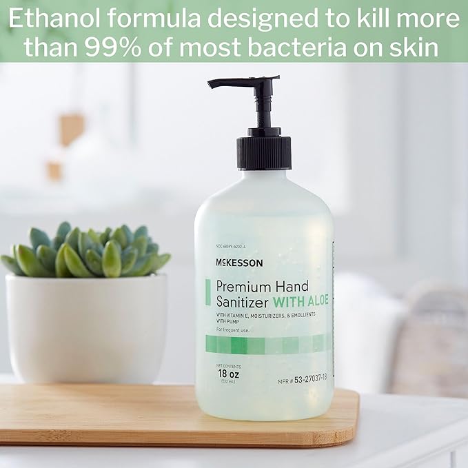 McKesson Hand Sanitizer with Aloe, 18 oz Pump Bottle [Pack of 12] Bulk, 70% Ethyl Alcohol, Spring Water Scent, No-Rinse Gel with Vitamin E and Moisturizers, Medical-Grade Sanitizer