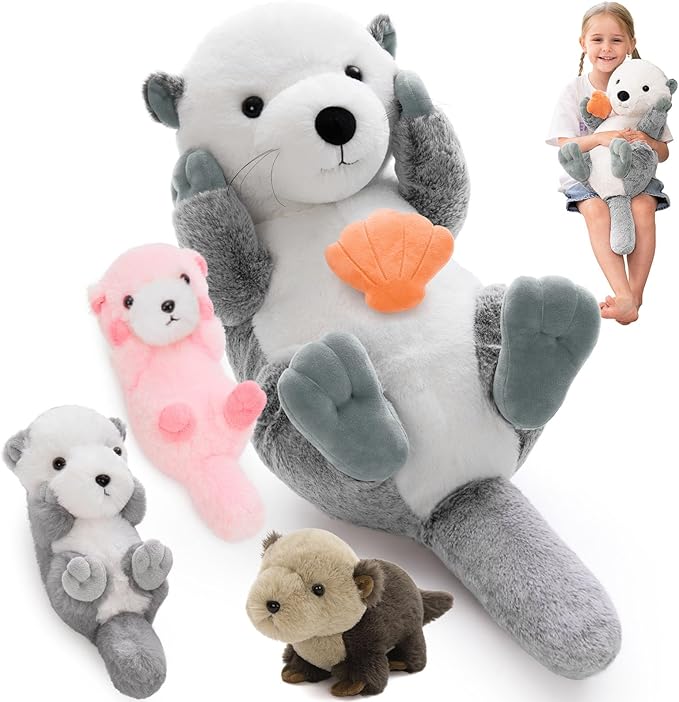 MorisMos 5Pcs Sea Otter Stuffed Animal with Babies,23.6'' Giant Mommy Stuffed Otter Toy with 3 Babies & Plush Seashell, Boy Girl Sea Animal Toys for Kids 3-5 Birthday Christmas Decor