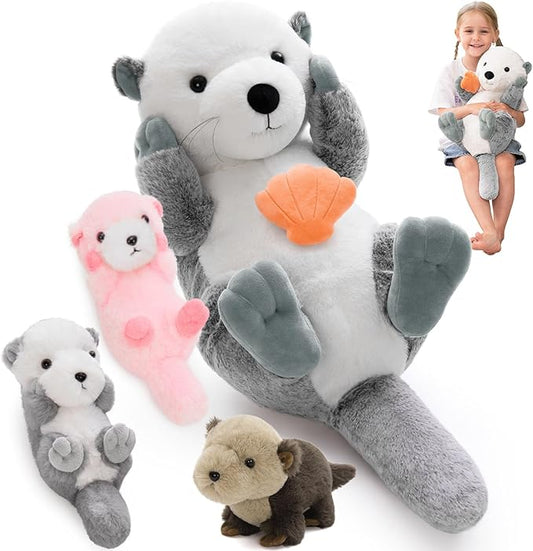 MorisMos 5Pcs Sea Otter Stuffed Animal with Babies,23.6'' Giant Mommy Stuffed Otter Toy with 3 Babies & Plush Seashell, Boy Girl Sea Animal Toys for Kids 3-5 Birthday Christmas Decor