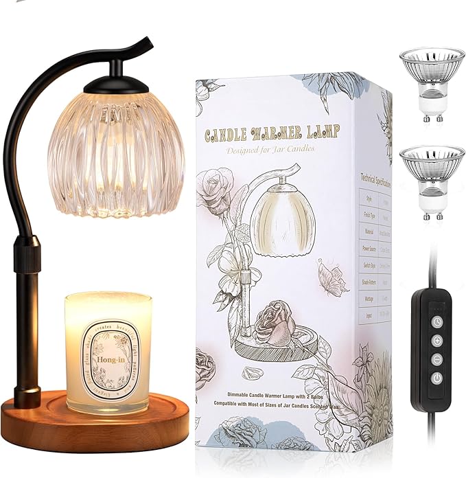 Candle Warmer Lamp with Timer - Dimmable & Adjustable Height, Modern New Home Decor Vintage House Warming Gifts Wax Melt Warmer for Jar Scented Candle, Cozy (Black)