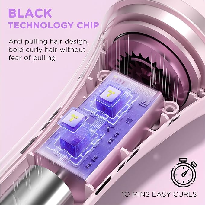 Automatic Curling Iron, 1.5 Inch Hair Curler with 4 Temp. Options, 10S Fast Heating, 2-Way Rotation, 30 Min Auto Shut-Off, Anti-Scald-Tangle for Long Hair, Dual Voltage for Travel (Pink)