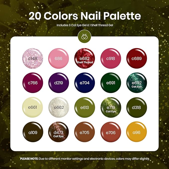 Beetles Cat Eye Gel Nail Polish Set - 20 Colors Winter Gel Polish Nail Set Burgundy Brown Green Nail Polish Glitter Pearl Nail Manicure with Base Coat Matte&Top Coat Soak off Christmas Gift for Women
