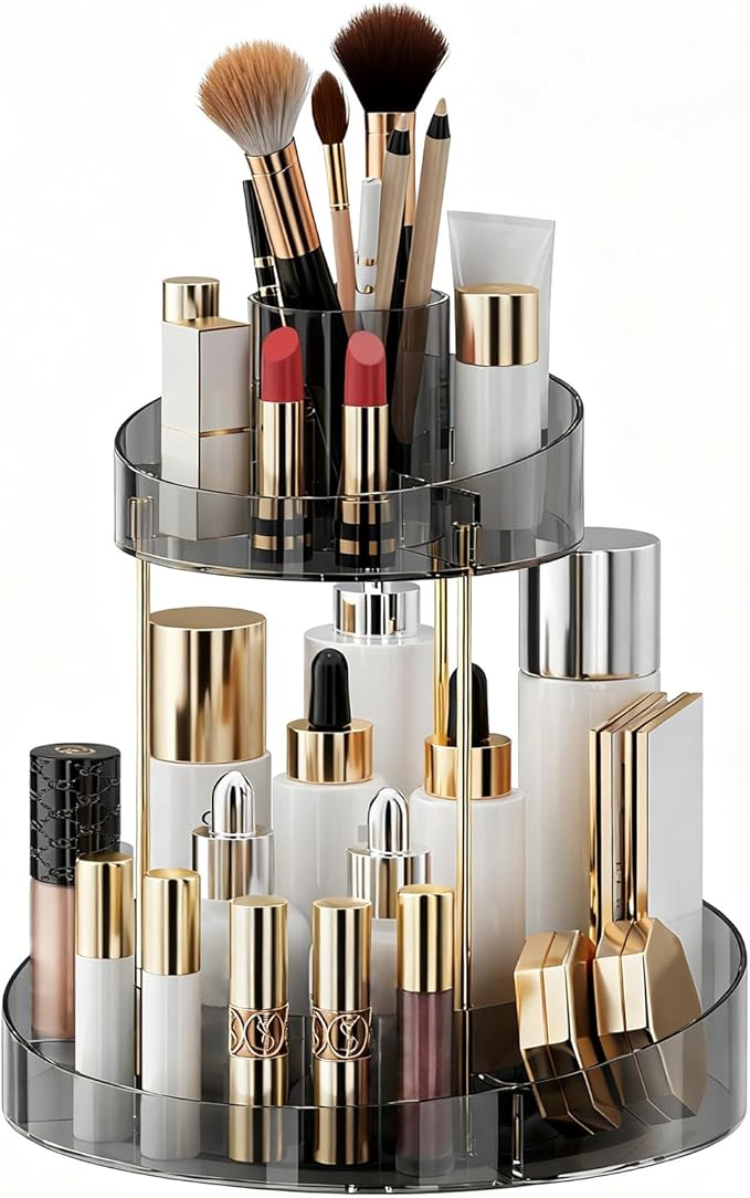 2 tier Makeup Organizer Countertop,360 Rotating Makeup Organizer for Skincare, Lipstick and Perfumes,Multi-function Cosmetic Display Cases for Vanity,Bathroom,Grey