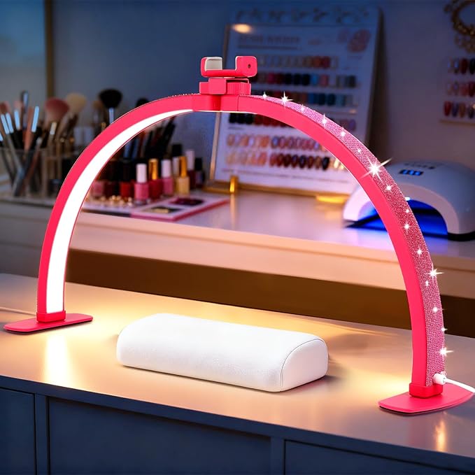 FAHKNS Half Moon Light for Nail Desk with Phone Holder, 29IN Folding Half-Moon Light with Shinning Diamond, LED Lamp for Nail Art, Eyelash Extension, Tattooing, Skin Management, Barbie Pink