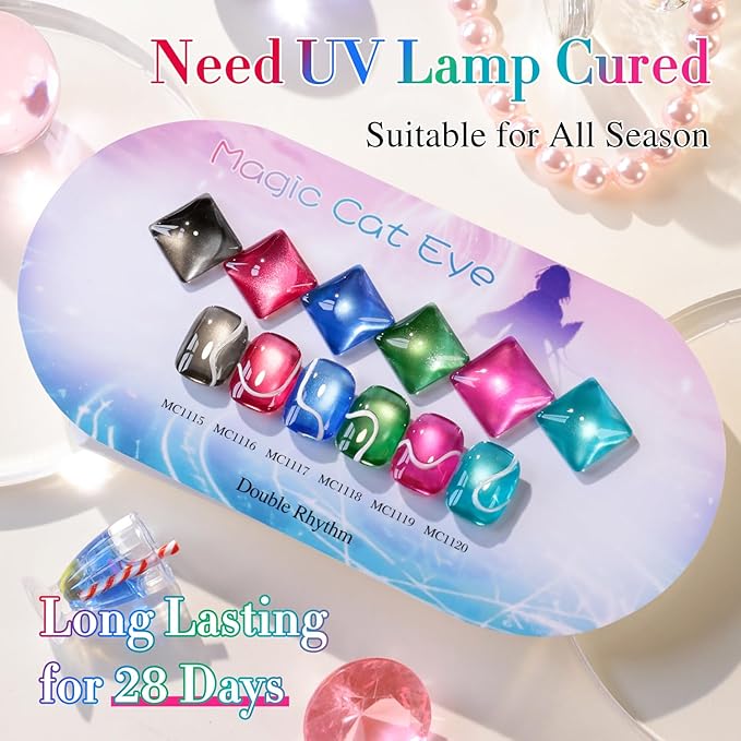 Double Rhythm Cat Eye Gel Nail Polish Set of 6 Same Color Same Bottle 0.5 Oz Shimmer Glitter with Magnet Holographic Reflective Magnetic UV Polish Kit at Home (Black Red Green Navy-T6-44)