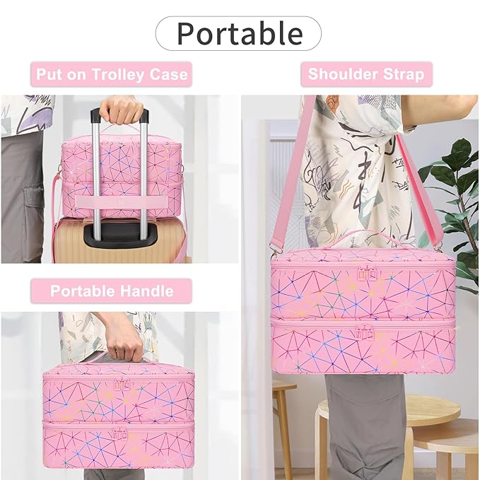 Ethereal Nail Polish Organizer Case Holds 50+ Bottles (5ml/0.5fl.oz) and Nail Lamp, Leather Nails Storage Organizer with Compartment, Diamond Pink