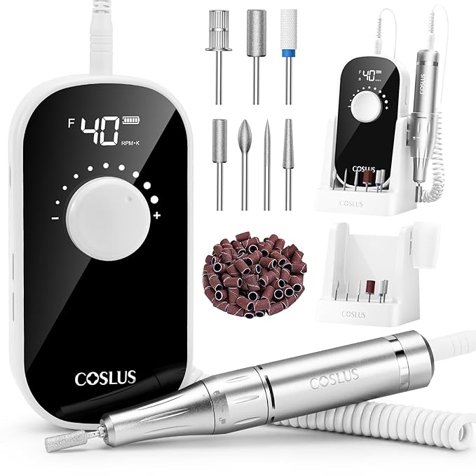 COSLUS Professional Rechargeable Electric Nail Drill 40000 RPM, Portable Nail File with Storage Stand for Acrylic Gel Polishing Removing - Easy to Use for Women, Manicure at Home DIY or Salon, White