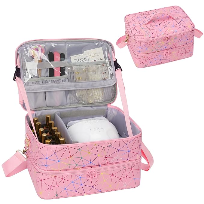 Ethereal Nail Polish Organizer Case Holds 50+ Bottles (5ml/0.5fl.oz) and Nail Lamp, Leather Nails Storage Organizer with Compartment, Diamond Pink