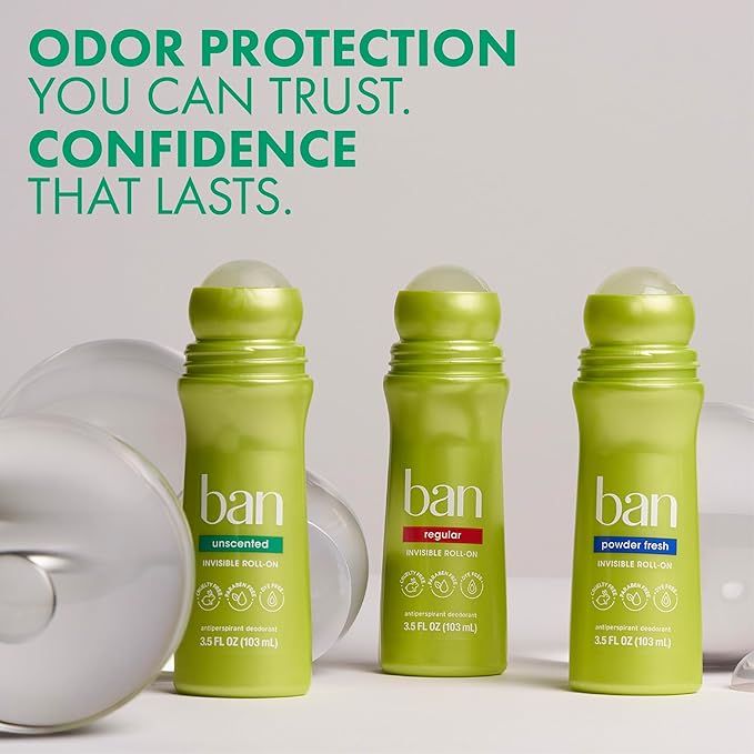 Ban Original Unscented 24-hour Invisible Antiperspirant, 3.5oz Roll-on Deodorant, 4-pack, Underarm Wetness Protection, with Odor-fighting Ingredients
