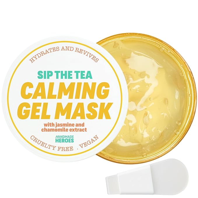 Handmade Heroes Sip The Tea Calming Gel Mask – Soothing Hydrating Facial with Chamomile, Jasmine & Hyaluronic Acid – Vegan Skincare for Dry, Sensitive Skin – Skin Plumping Rinse Off Formula 3.4 Fl oz