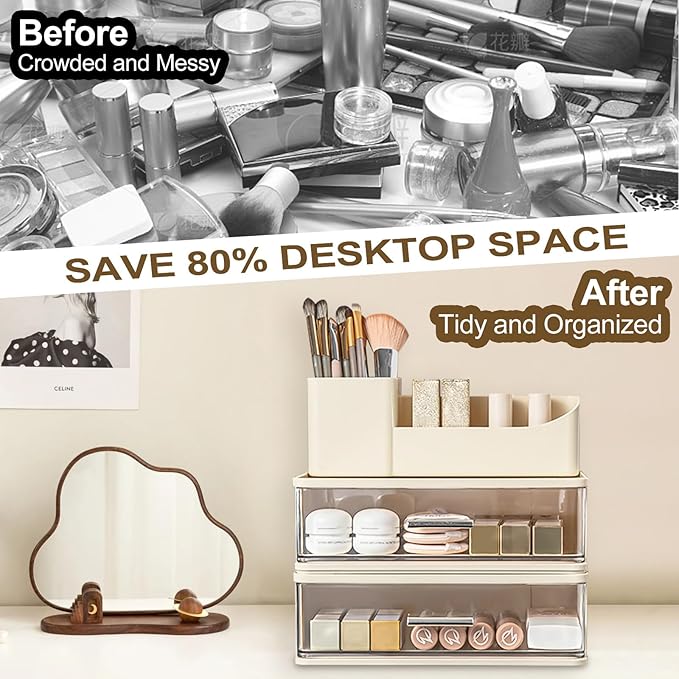 DASITON Makeup Organizer for Vanity with 2 Drawers, Stackable Cosmetic Organizer with Makeup Brush Holder, Plastic Bathroom Organizer Skincare Storage for Brushes, Eyeshadow, Lotions, Lipstick (Cream)