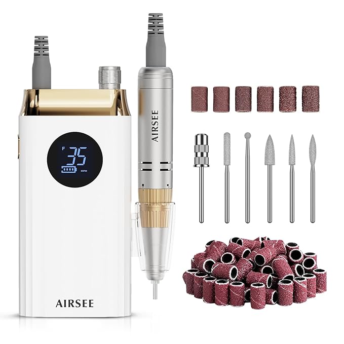AIRSEE Professional Portable Nail Drill 35000RPM,Rechargeable Cordless Nail Drill for Manicure Salon Home, Eletric Nali E File for Acrylic Nails Gel Polishing Removing, EW4 White