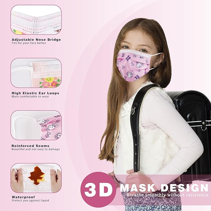 Kids Face Mask 3 Ply Layer Safty Breathable Fabric for Girls and Boys (50 Pack)
