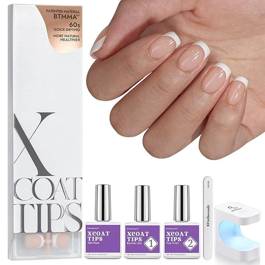 BTArtboxnails Gel Nail Kit - Square French Tip Press on Nails Extra Short Nude Fake Nails Set with Glue Soft Nail Extension Kit Glue Builder Gel and Top Coat with Lamp