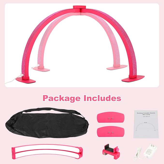 FAHKNS Half Moon Light for Nail Desk with Phone Holder, 29IN Folding Half-Moon Light with Shinning Diamond, LED Lamp for Nail Art, Eyelash Extension, Tattooing, Skin Management, Barbie Pink