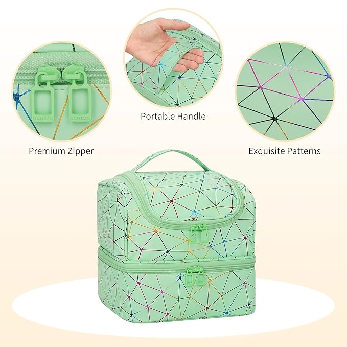 CUBETASTIC Nail Polish Organizer, Cute Nail Tech Organizers And Storage Bag Holds 45 Bottles & UV Nail Lamp, Compact Double-Layer Travel Nail Supplies Case for Nail Kit (Triangle Green, 27 Slots)