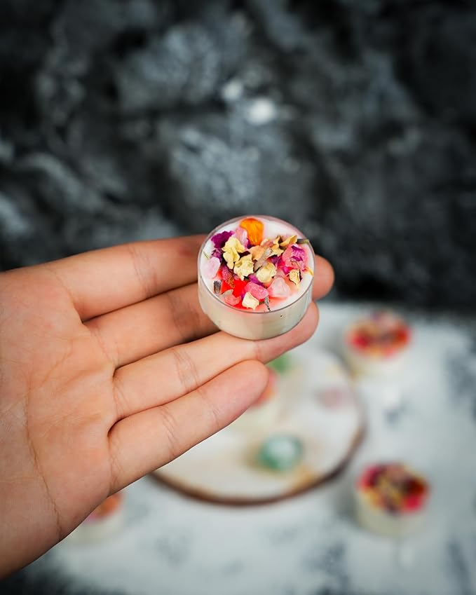 Tealight Candles with Crystals and Herbs, Handmade Energy, Healing Crystal, Aromatherapy Candles. (Pink)