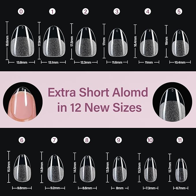 Misssix Extra Short Almond Gel Nail Tips Kit, 216Pcs Pre Etched Clear Fake Nails, Full Cover False Nail 9-in-1 Gel Glue and Portable Mini U V Nail Lamp for Women 12 Sizes
