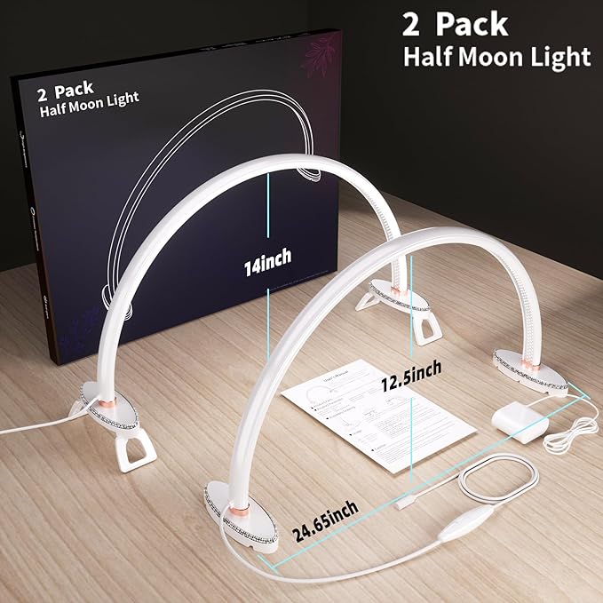 2 Pack Large Half Moon Light for Nail Desk.3LightColors.Adjustable Brightness.Nail Moon Lamp,Manicure Table Light for Painting.Embroidery.Reading etc. (White,24inch)