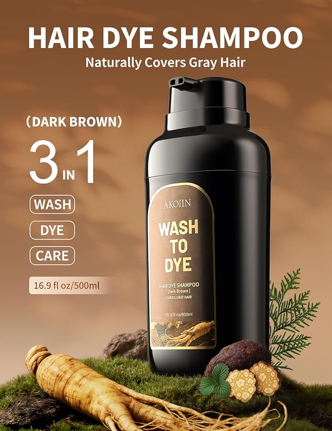 Dark Brown Hair Dye Shampoo, 3-in-1 Hair Color, Permanent, Unisex, 100% Gray Coverage, Seamless Root Blend, Last More than 60 Days, 5 Plant Extracts, Frizz-Free, with Dye Tools, 500ml
