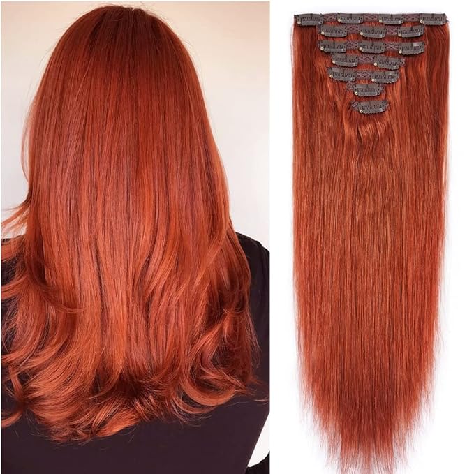 18" Clip in Human Hair Extensions Full Head 150g 7 Pieces 16 Clips #350 Copper Red Double Weft Brazilian Real Remy Hair Extensions Thick Straight Silky (18" 150g, #350)