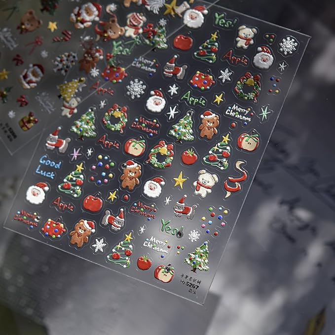 Christmas Nail Art Stickers 5D Diamond Xmas Nail Decals 1PCS Xmas Trees Apple Santa Claus Bear Christmas Nails Design Cute Holiday Nail Stickers Nail Art Supplies for Women DIY Manicure Decorations