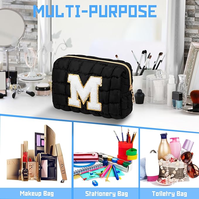 Initial Checkered Makeup Bag, Large Quilted Cosmetic Bag, Cute Make up Pouch for Purse, Travel Toiletry Storage Bag for Women Preppy Teen Girls Gift Trendy Stuff Gift (Black S)