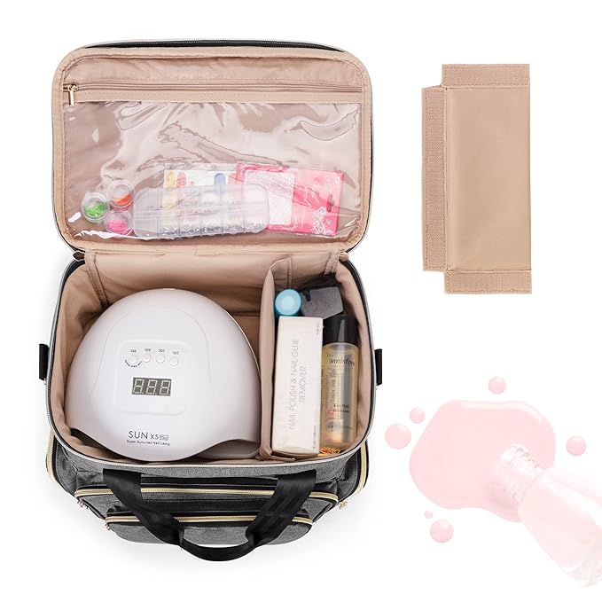 BAFASO Double Layer Nail Polish Organizer Holds 70 Bottles (15ml - 0.5 fl.oz) and a Nail Dryer, Nail Polish Case with 2 Removable Pouches and Tools Storage Sections (Patented), Gray