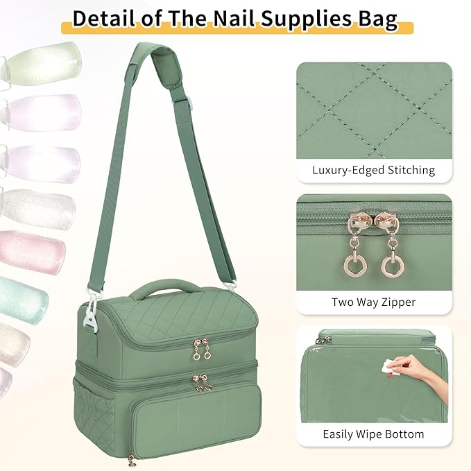 Nail Polish Organizer, Nail Organizers And Storage Bag Holds 48 Bottles & Full Size Nail Lamp, Double Layer Nail Tech Travel Case for Nail Supplies & Manicure Kit & Pedicure Tools (Green, 48 Slots)