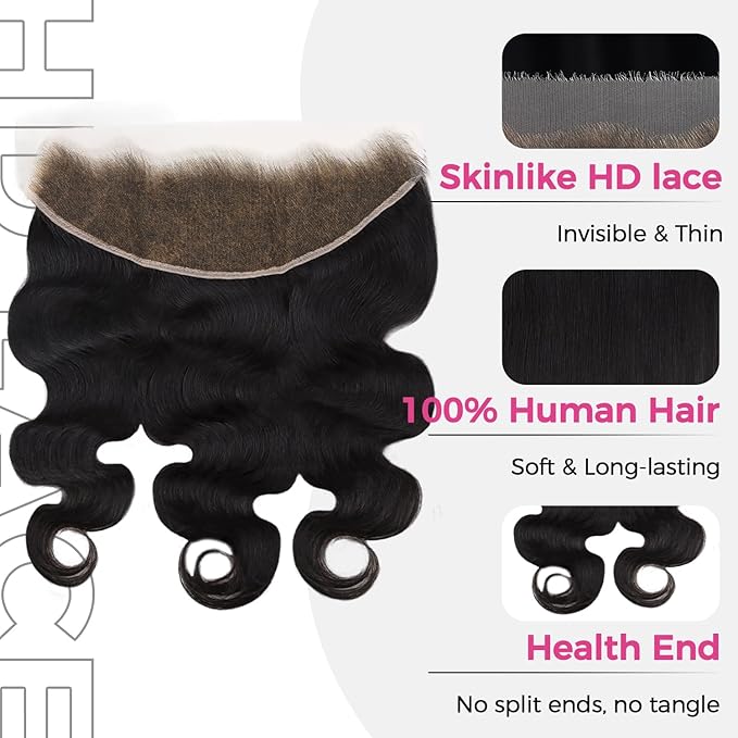 Lashey 13x4 SKINLIKE HD Lace Frontal, 0.10mm Ultra-thin Rael HD Frontal Pre Bleached Knots Pre Plucked Hairline Body Wave Human Hair 12 Inch Natural Black
