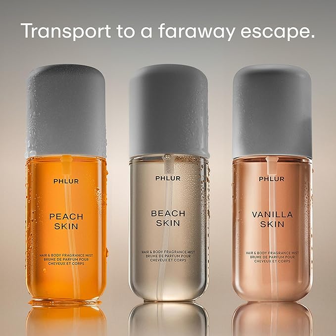 PHLUR Paradise Skin Set ($75 Value) - Travel Size Body Mist Gift Set - Peach Skin, Vanilla Skin, & Beach Skin - Travel Size Hair and Body Fragrance Mist Trio (3 x 3 fl oz)