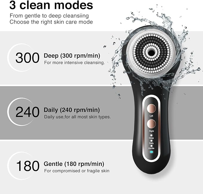 Face Scrubber Exfoliator, Rechargeable Facial Cleansing Brush with 2-Way Rotation & 3 Modes, 30-Day Runtime, 5 Brush Heads for SPA-Level Care, IPX7 Waterproof, Deep Cleaning for All Skin Types