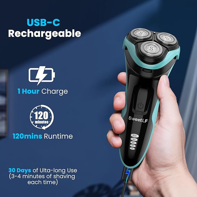 SweetLF Electric Razor for Men with Pop-Up Trimmer, IPX7 Waterproof Electric Shaver, Rechargeable Cordless Shavers for Men, Type-C, 120Mins Runtime, Plug & Play
