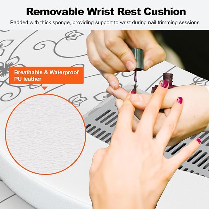 Portable Nail Table for Nail Tech on Wheels, Foldable Professional Manicure Table Travel Nail Desk with LED Lamp/Dust Collector/3 Dust Bags/Wrist Cushion/Storage Bag, White