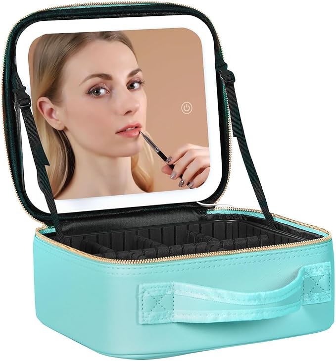 Travel Makeup Bag with LED Lighted Mirror, Cosmetic Makeup Organizer Bag with 3 Color Setting, Makeup Train Case with Adjustable Dividers for Women Makeup Brushes Jewelry Accessories