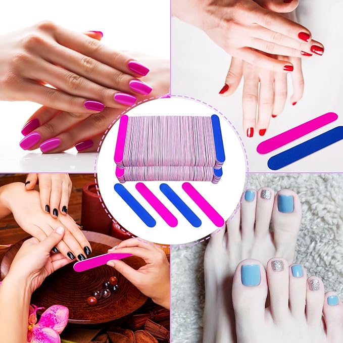 200 Pcs Emery Boards for Nails, Nail Files for Nature Nails Small Disposable Double Sided Colorful Nail File Bulk for Home Salon Travel Size Mini Manicure Kit for Men Women Kids Wood Emory Pink/Blue