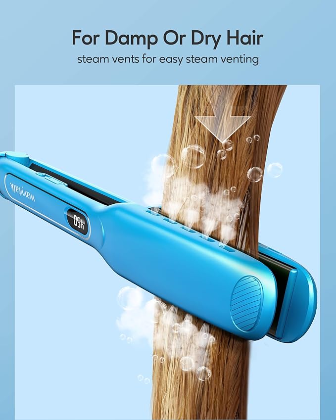 Wavytalk Hair Straightener, 1.7 Inch Wide Vent Sesh Titanium Wet to Dry Flat Iron, Straightener for Damp or Dry Hair (Blue)