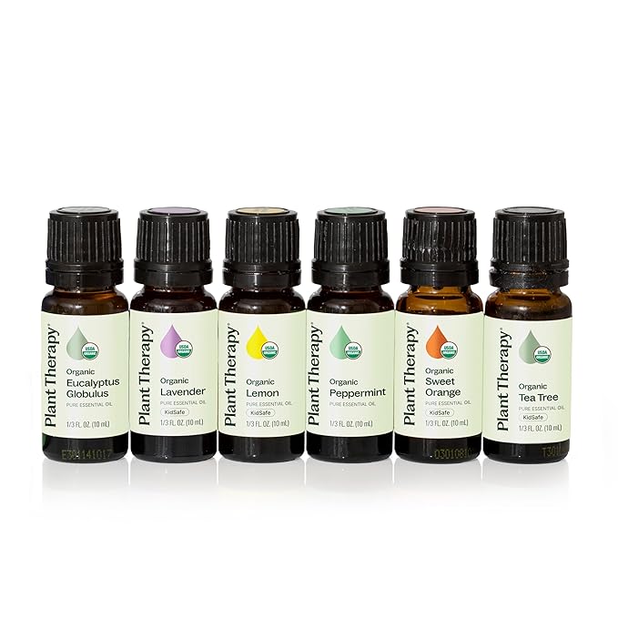 Plant Therapy Top 6 USDA Organic Essential Oil Set - Lavender, Peppermint, Eucalyptus, Lemon, Tea Tree 100% Pure, Natural Aromatherapy, for Diffusion & Topical Use, Therapeutic Grade 10 mL (1/3 oz)
