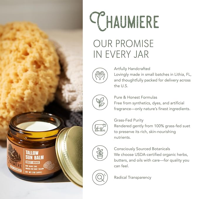 Sweet Orange Tallow Sunscreen SPF 50 – Grass-Fed Beef Tallow Balm with Carrot Seed Oil & Non-Nano Zinc – Organic Face & Body Moisturizer, Reef Safe, Naturally Scented – 2.5oz x3, Made in USA