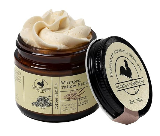 Hearth and Homestead: Handmade Whipped Tallow Balm (Coffee Vanilla) - Organic Body Butter with Infused Olive Oil - 1.3 oz …